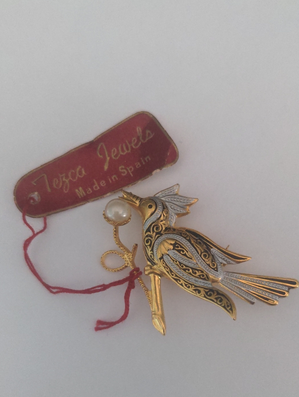 Tezca Jewels Gold Plated Damascene Bird Brooch, Pinwith With Pearl, Spain